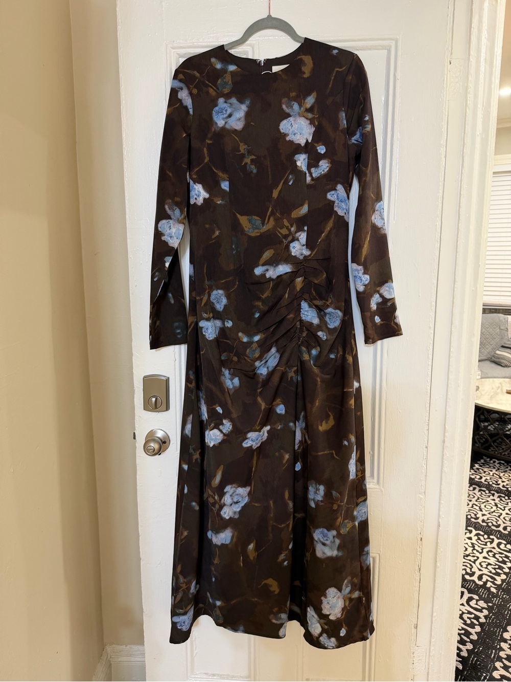 Veiled Brown Floral Long-Sleeve Maxi Dress with Blue Bloom Print